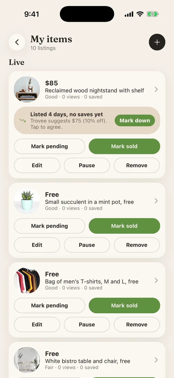 The My items screen in Trovee with buttons to mark an item pending or sold