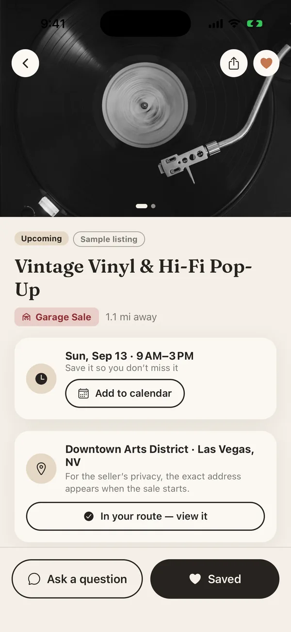 A Trovee sale page showing the neighborhood only, with a note that the exact address appears when the sale starts
